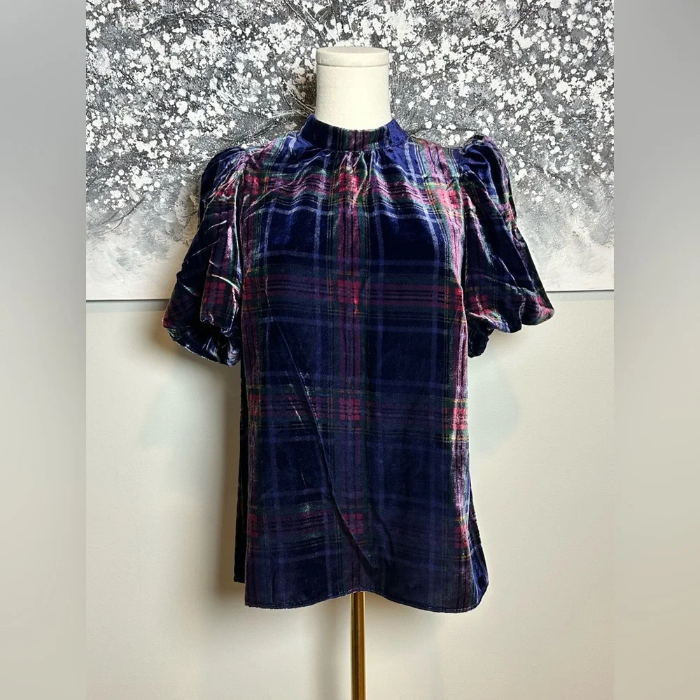 Boden Velvet Plaid Puff Sleeve Top - Navy, Red & Green size US 4 UK 8